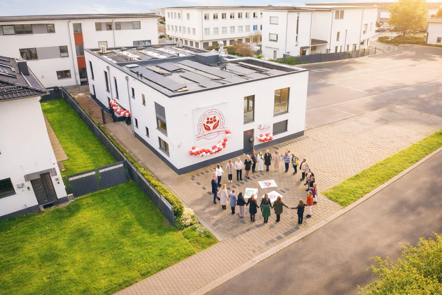 Außenansicht der Eventlocation mit Parkplätzen in Seligenstadt.